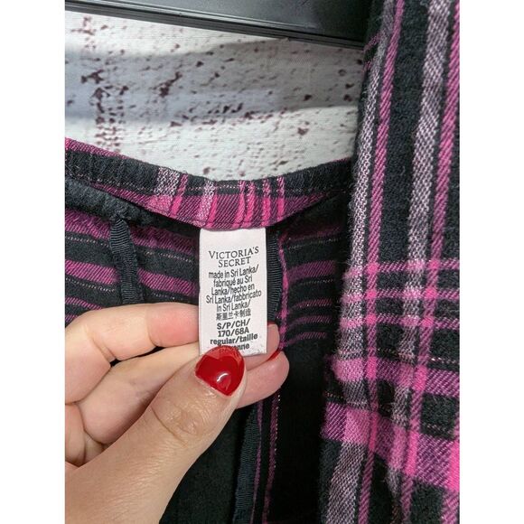 Victorias‎ Secret Shimmer Cotton Flannel Long Sleeve Pajama Set Black Pink Plaid - Picture 4 of 13